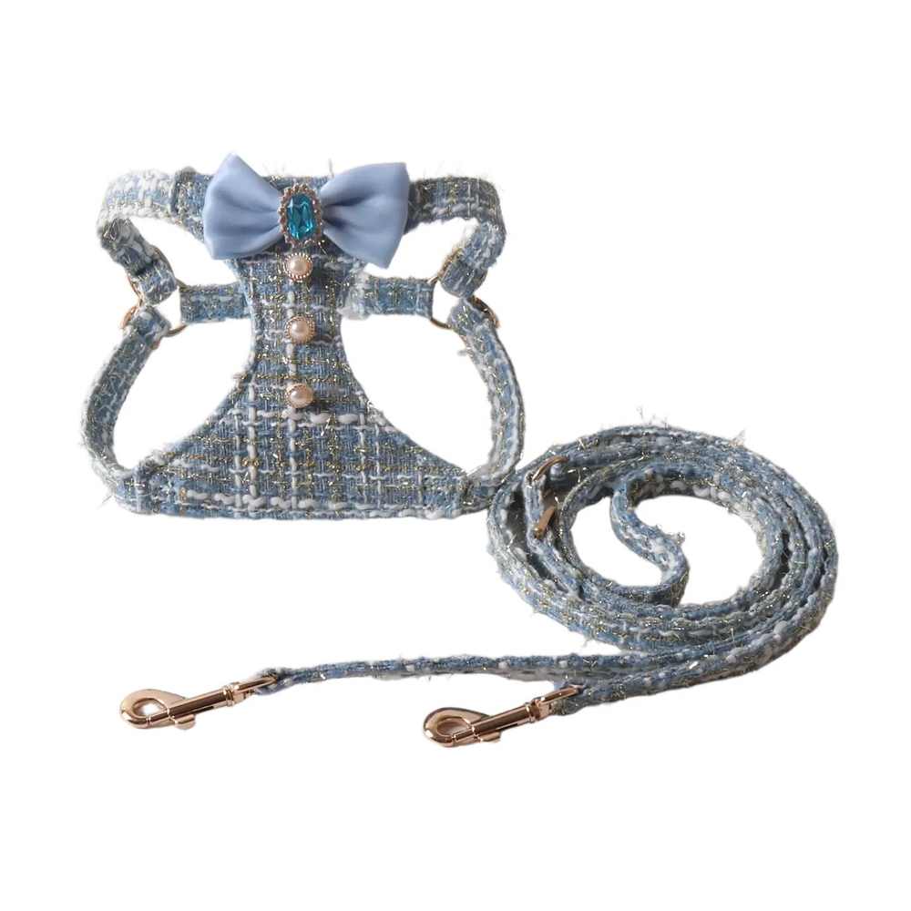Tweed Bow Harness & Lead Set for Small Dogs