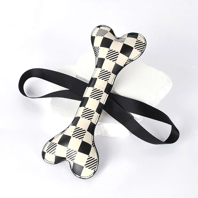 Checkerboard Bone Tug Toy with Long Strap Handle