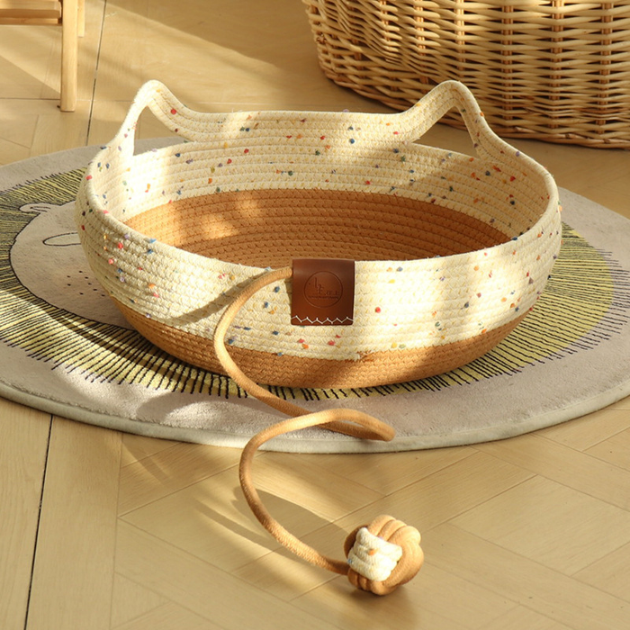 Kitty Ears Rope Basket Bed with Dangling Play Ball