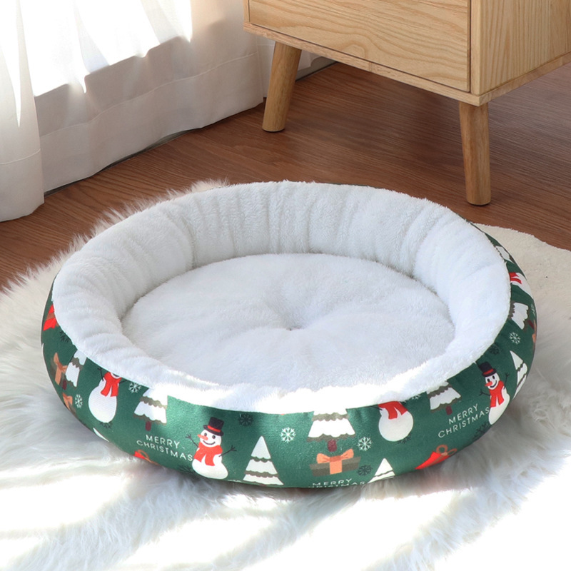 Snowman Christmas Round Pet Bed with Plush Lining