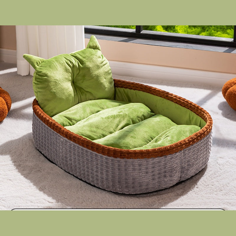 Bathtub Basket-Weave Pet Bed with Cat-Ear Pillow