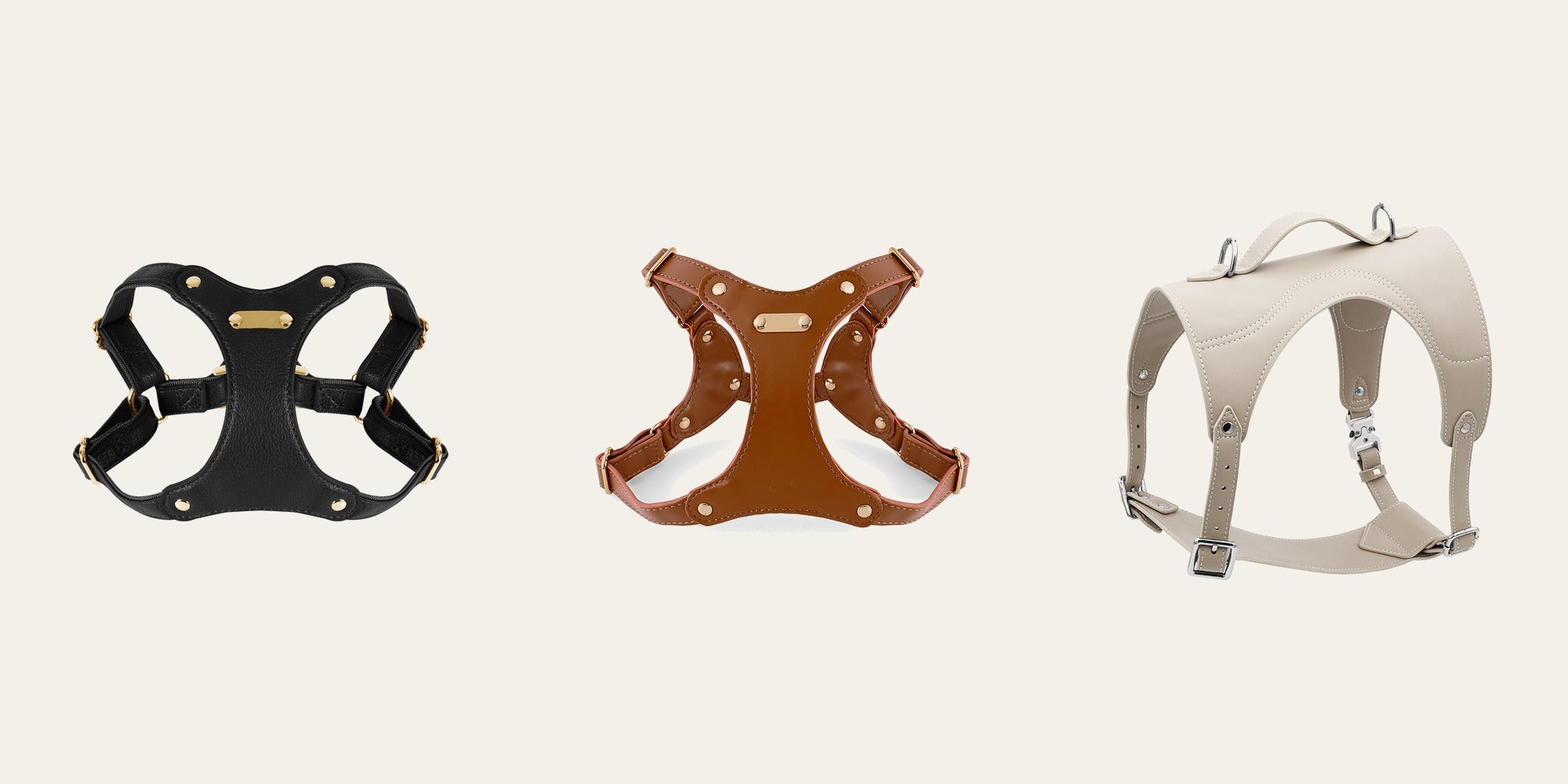 Three PAWD dog harnesses in black, tan and ivory