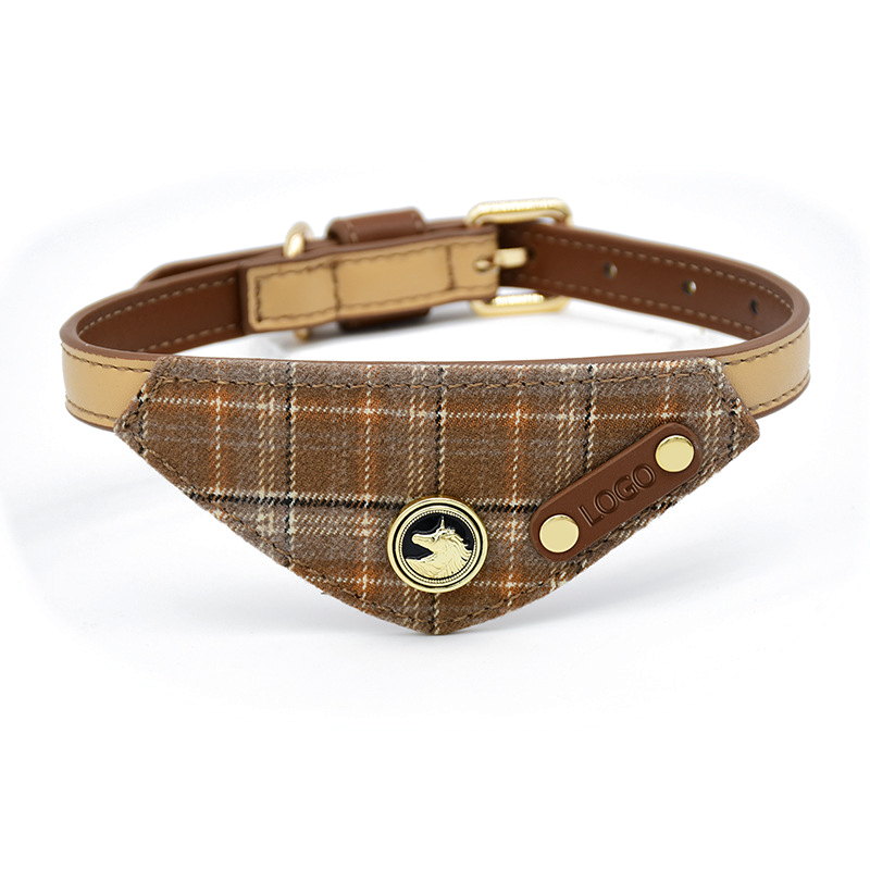 Caramel Check Bandana Collar Walk Set with Bag Holder - Apricot