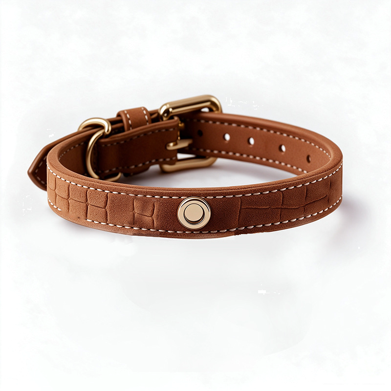 Leopard Plush Winter Collar with Detachable Wrap, Vegan Leather - All seasons Croc grain Caramel Brown