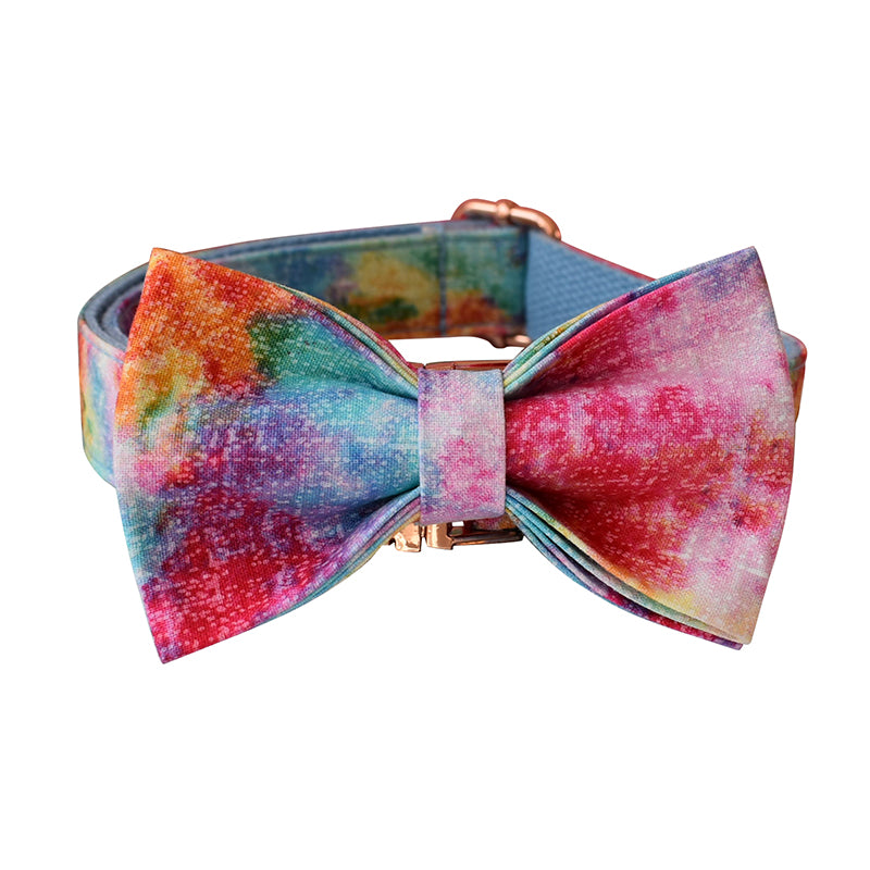 Rainbow Gradient Cotton Collar with Detachable Bow Tie Personalized Leash Set