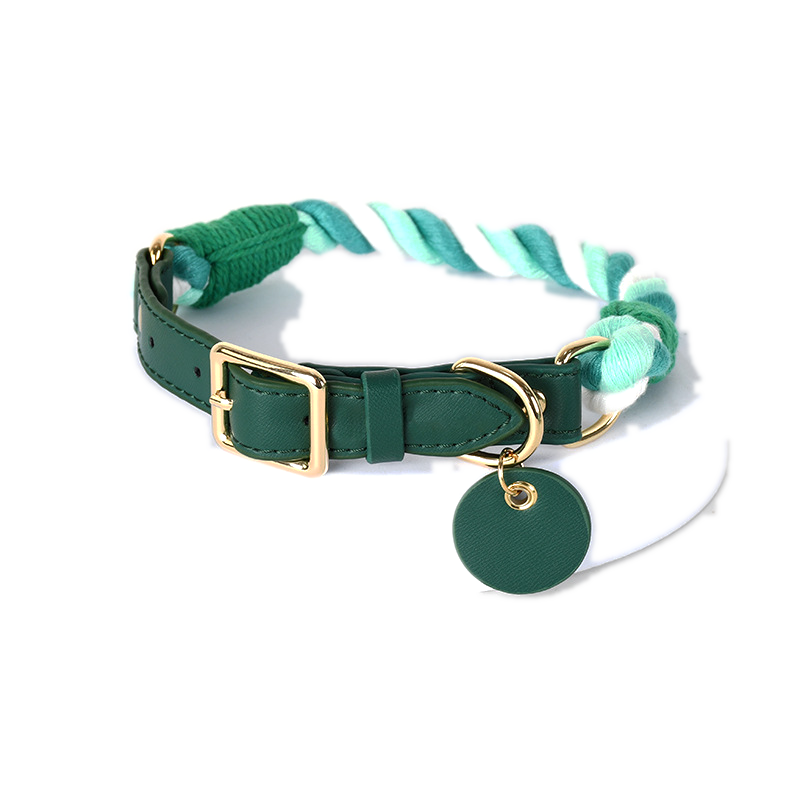 Jade Twist Cotton Rope Collar, Gold Tags - Fern Green