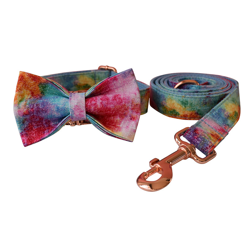 Rainbow Gradient Cotton Collar with Detachable Bow Tie Personalized Leash Set