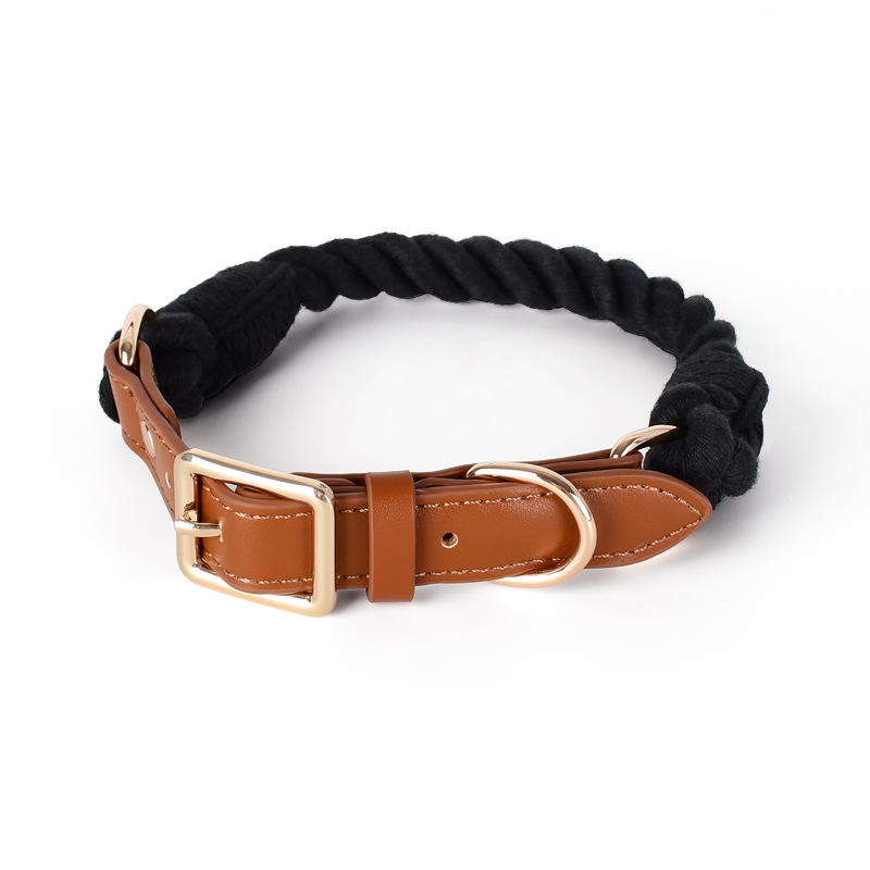 Braided Cotton Rope Collar with Tan Leather Keeper - Black