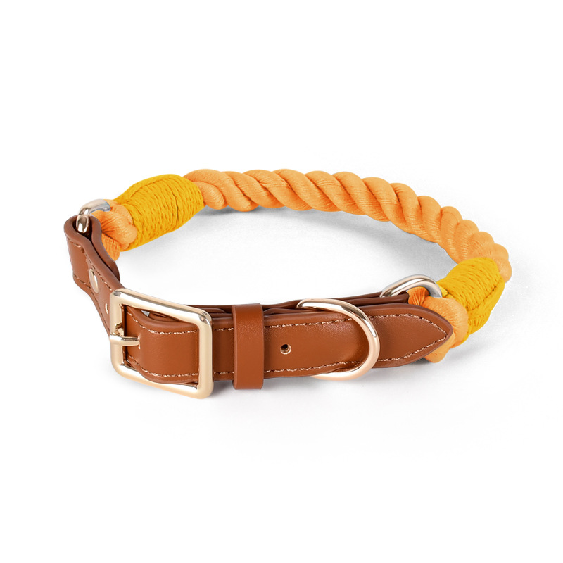 Braided Cotton Rope Collar with Tan Leather Keeper - Honey Orange