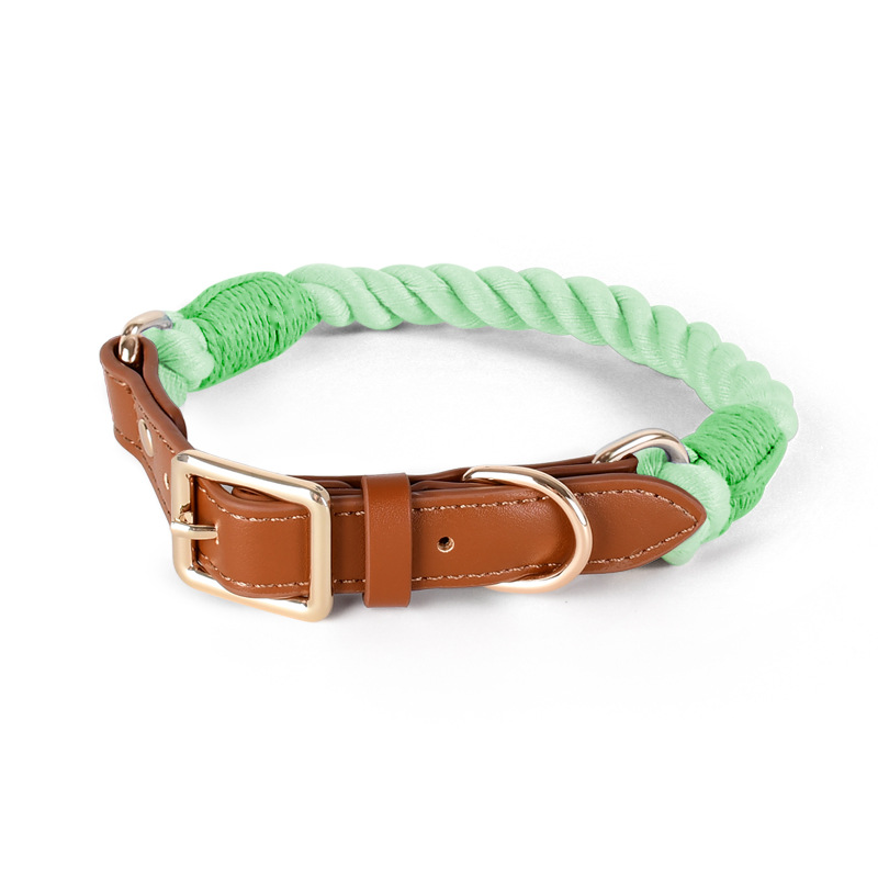Braided Cotton Rope Collar with Tan Leather Keeper - Mint