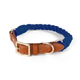 Braided Cotton Rope Collar with Tan Leather Keeper - Navy