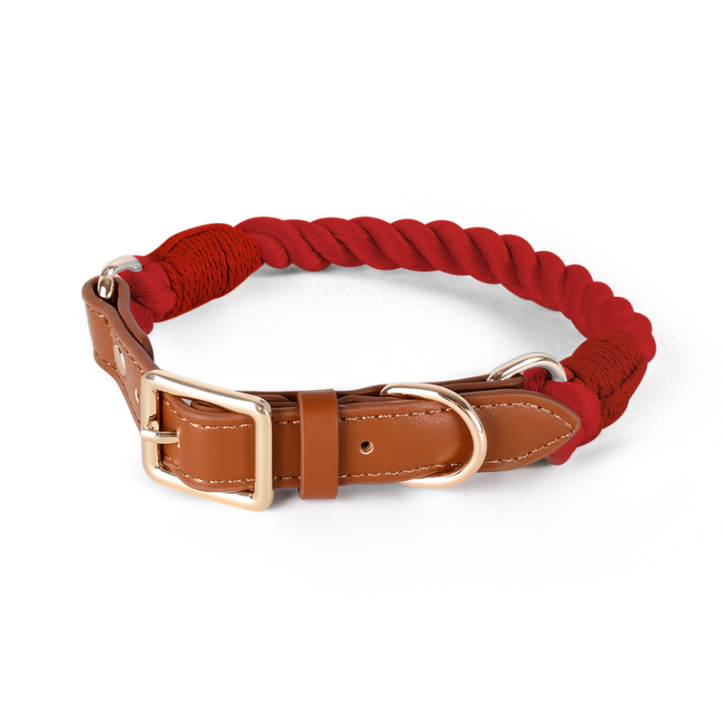 Braided Cotton Rope Collar with Tan Leather Keeper - Red
