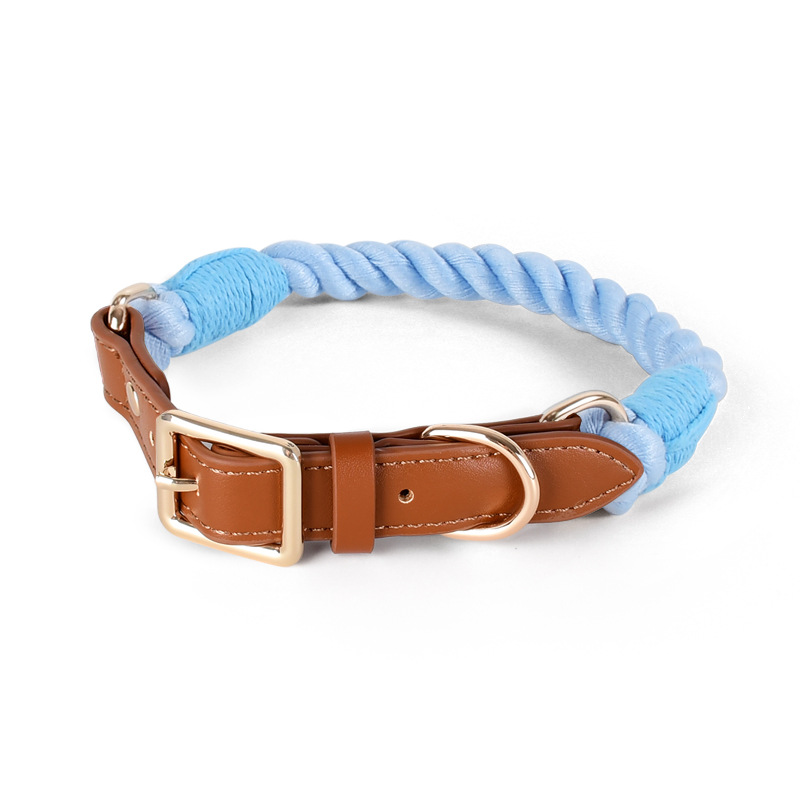 Braided Cotton Rope Collar with Tan Leather Keeper - Sky Blue