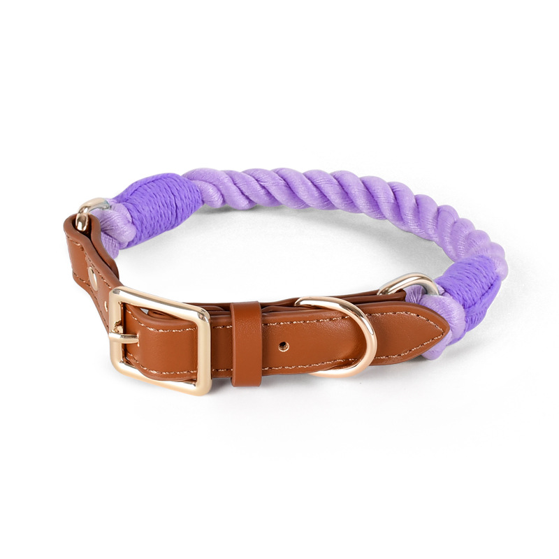Braided Cotton Rope Collar with Tan Leather Keeper - Violet