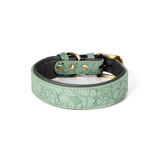 Botanical Embossed Padded Collar with Tag, Vegan Leather - Green