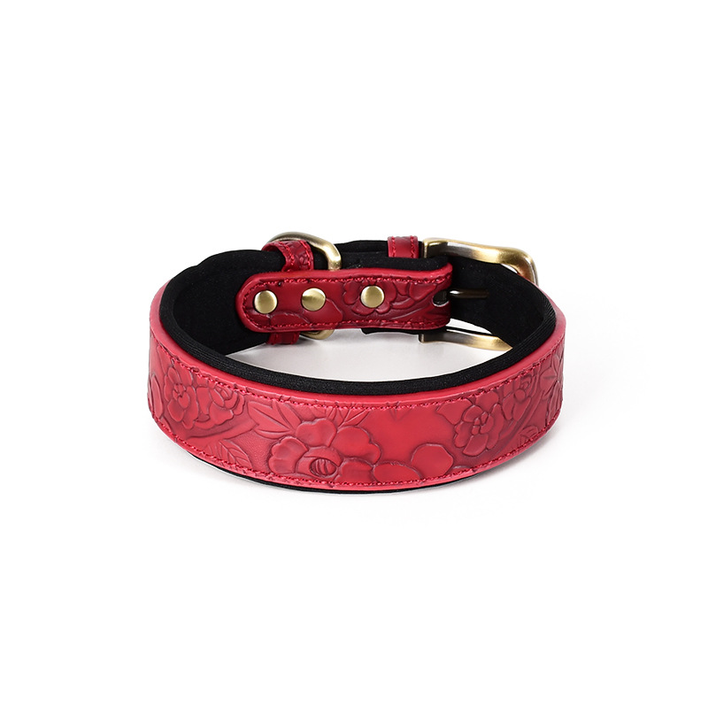 Botanical Embossed Padded Collar with Tag, Vegan Leather - Red