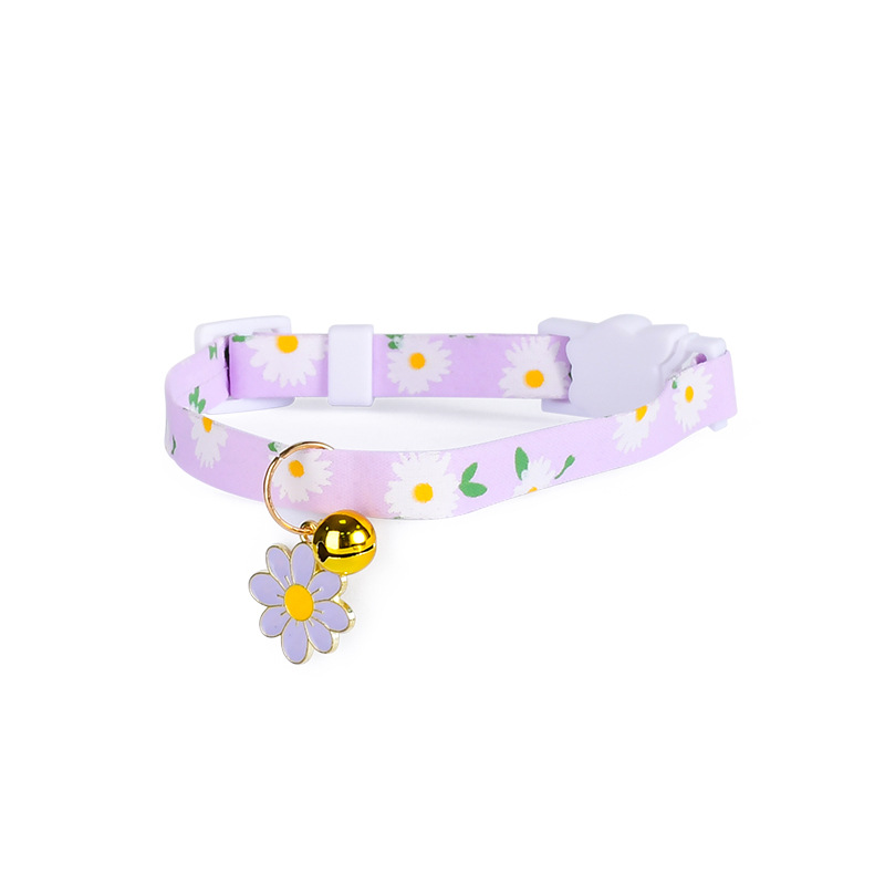 Daisy Print Collar with Bell and Flower Charm - Violet