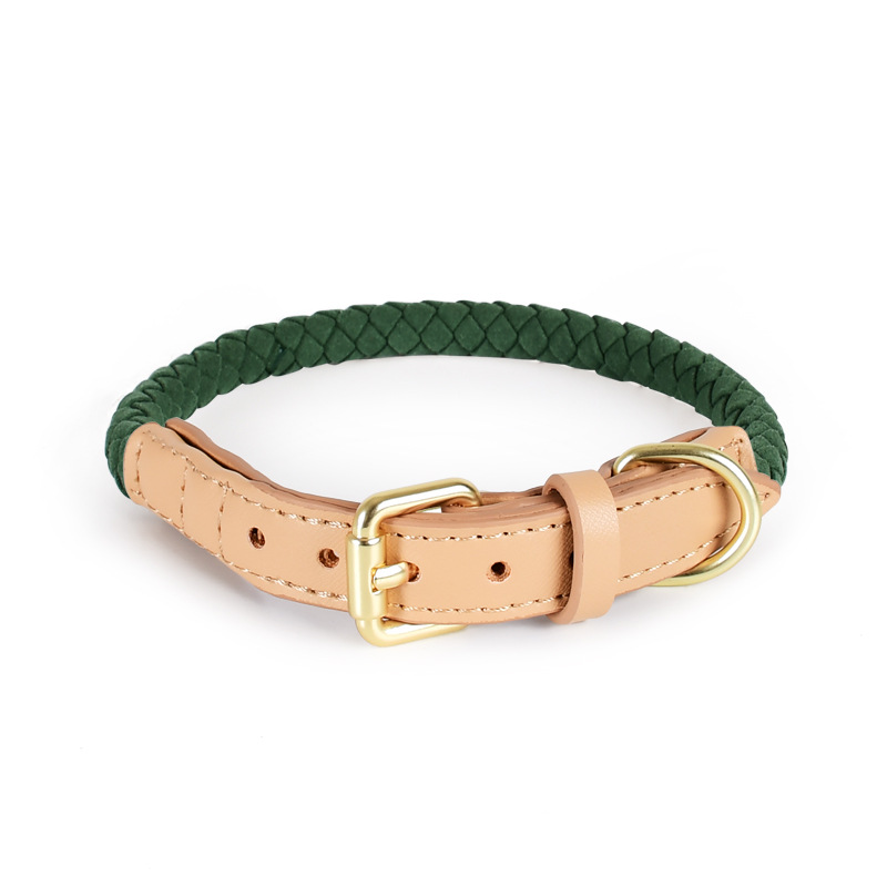 Ecru Braided Rope Collar & Lead Set, Suede-Finish Trim - Forest