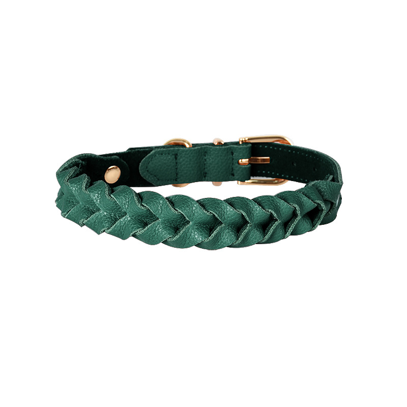 Cognac Plaited Leather Collar & Multi-Length Lead Set - Green