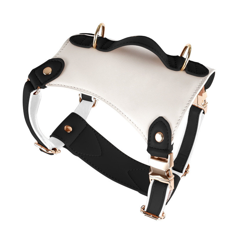 Ivory Two-Tone Harness, Collar & Lead Set in Vegan Leather - Black