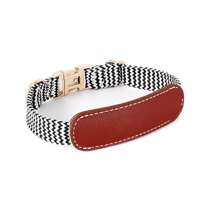 Herringbone Webbing Collar with Leather Name Plate