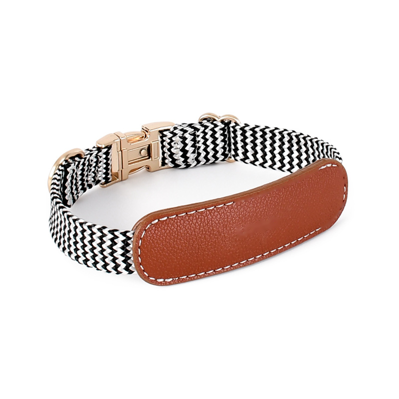 Herringbone Webbing Collar with Leather Name Plate