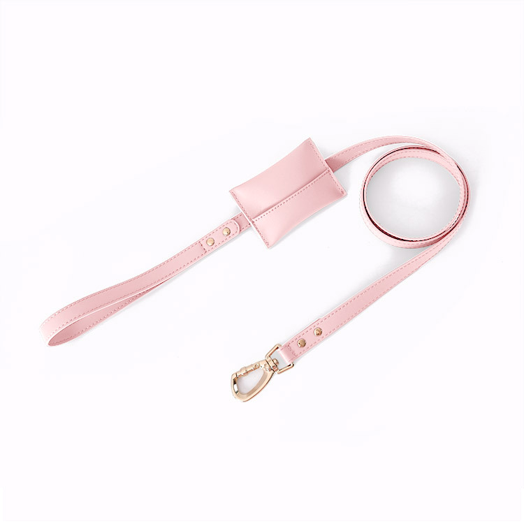 Integrated Pouch Walking Lead in Tan Vegan Leather - Crystal Pink