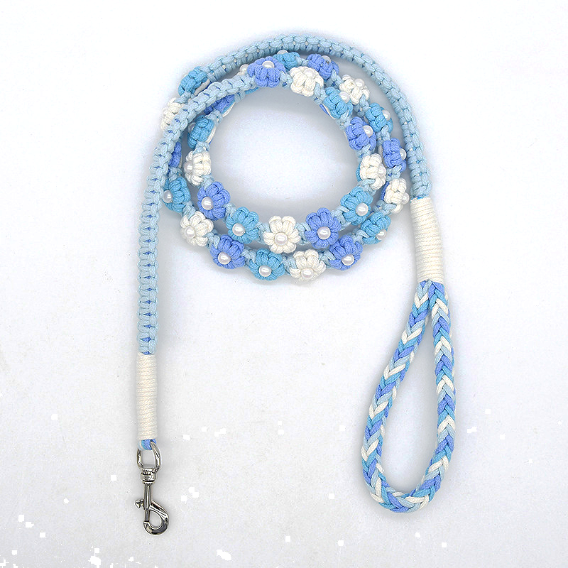 Chevron Hand-Braided Cotton Lead & Chain Slip Collar - Blue