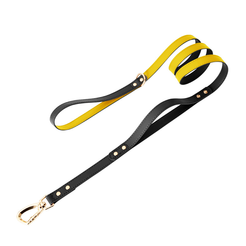 Close-Control Double-Handle Lead in Vegan Leather - Black Yellow