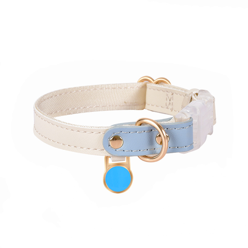 Cream Colour Block Collar with Tag, Vegan Leather - Blue