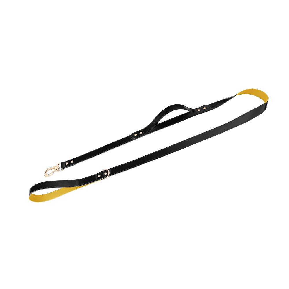 Twin-Handle Lead with Charm Tag in Tan Vegan Leather - Glossy Black