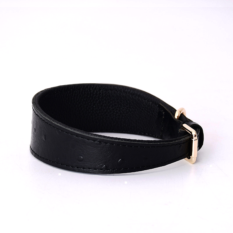 Ostrich-Grain Wide Collar & Lead Set, Genuine Leather - Black