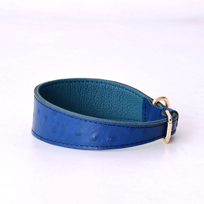 Ostrich-Grain Wide Collar & Lead Set, Genuine Leather - Blue