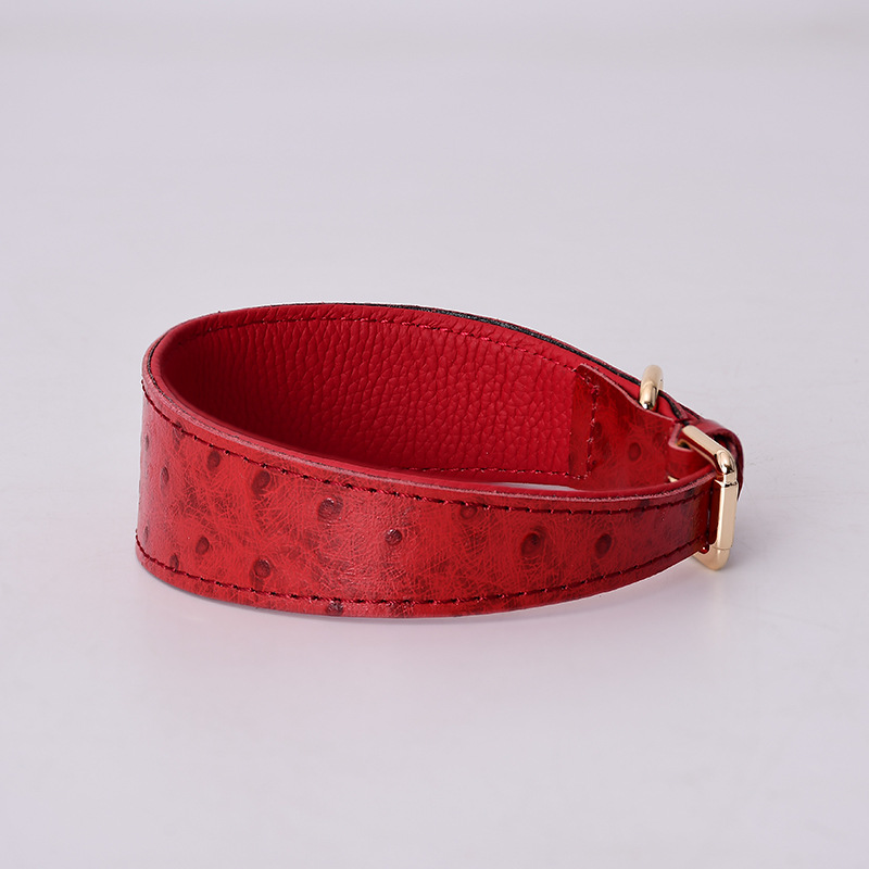 Ostrich-Grain Wide Collar & Lead Set, Genuine Leather - Red