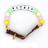 Rainbow Round Bead Name Collar with Heart Tag - Tan Leather