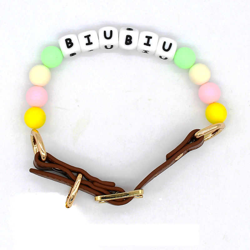 Rainbow Round Bead Name Collar with Heart Tag - Tan Leather