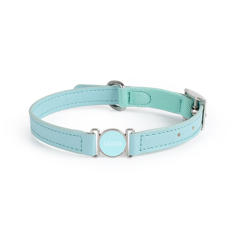 Powder Blue Leather Collar with Enamel Stud - Green
