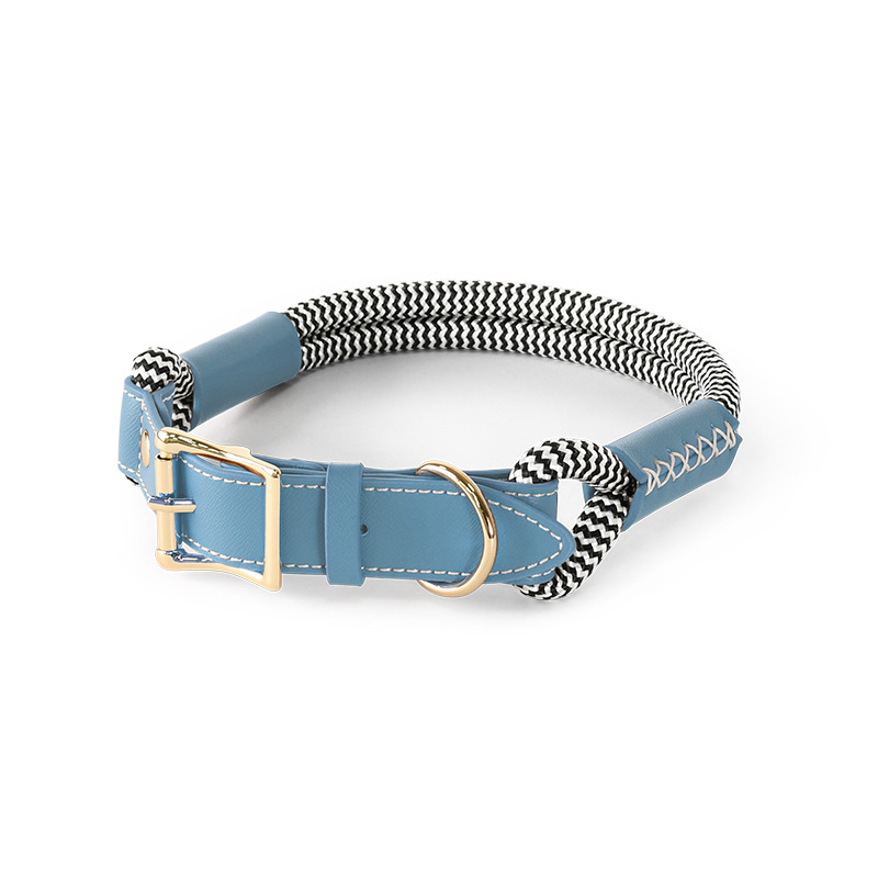 Monochrome Stripe Rope Collar, Vegan Leather - Blue