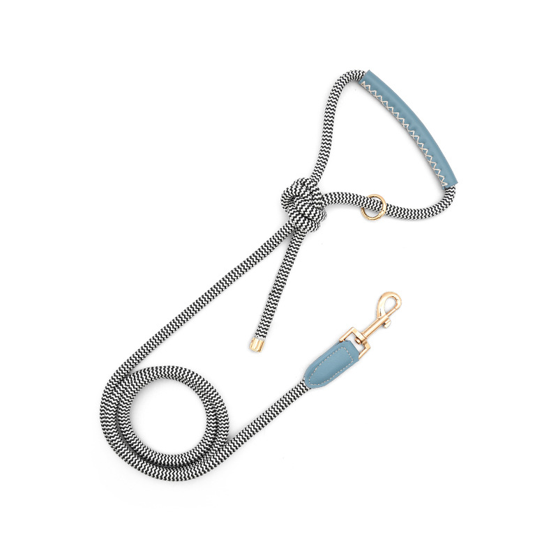Monochrome Stripe Rope Lead, Vegan Leather - Blue