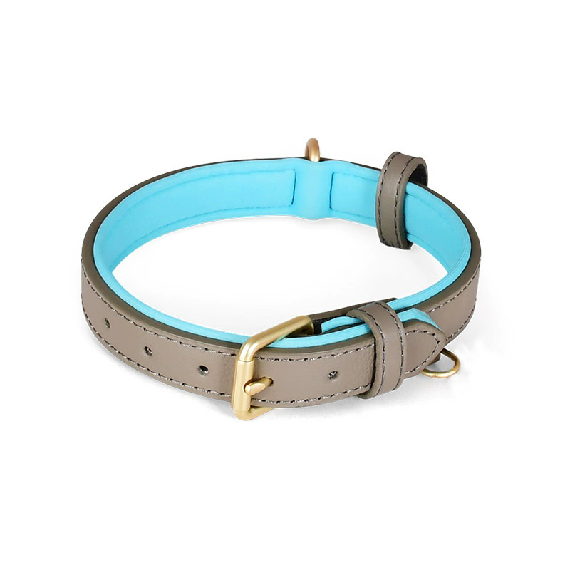 Contrast-Lined Classic Collar & Lead Set, Genuine Leather - Grey