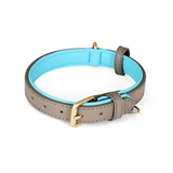 Contrast-Lined Classic Collar & Lead Set, Genuine Leather - Grey