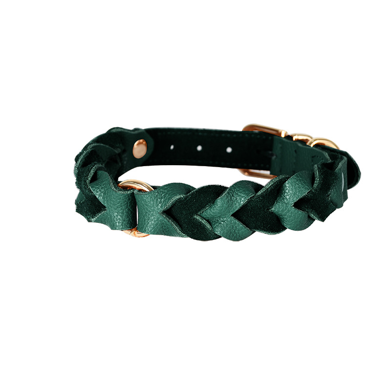 Forest Green Braided Genuine Leather Collar - Ring weave Green
