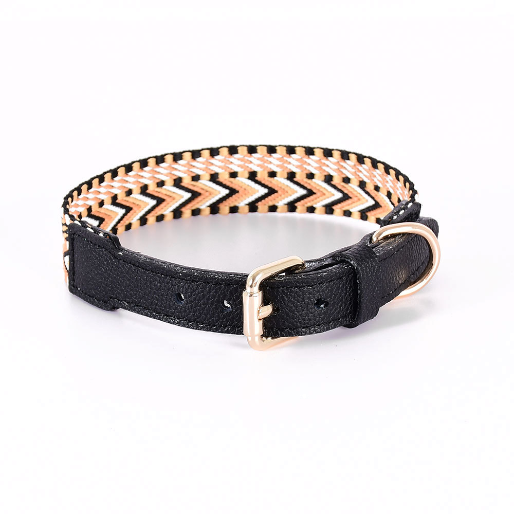 Arrowhead Webbing Collar, Genuine Leather Trim - Black