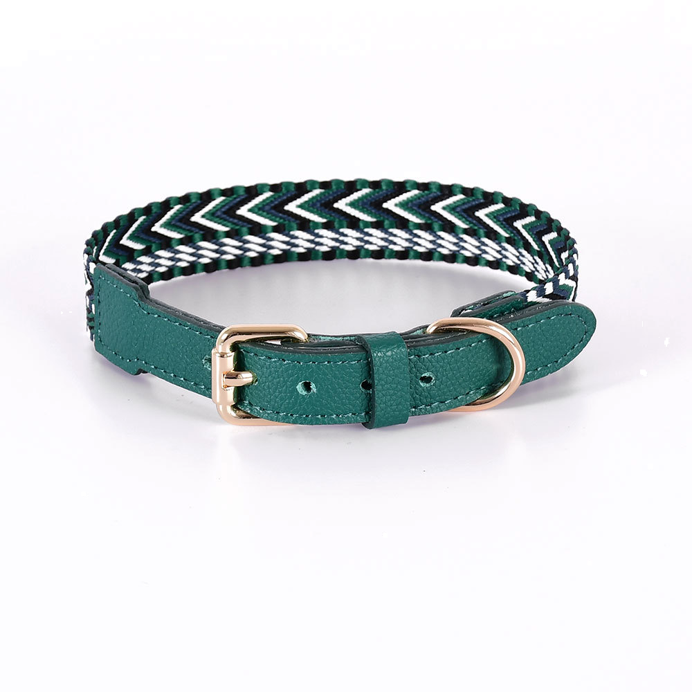 Arrowhead Webbing Collar, Genuine Leather Trim - Green