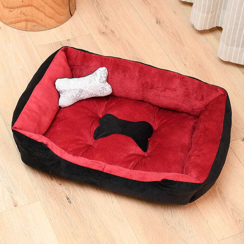 Two-Tone Bolster Pet Bed with Bone Pillow - Red Black with Bone