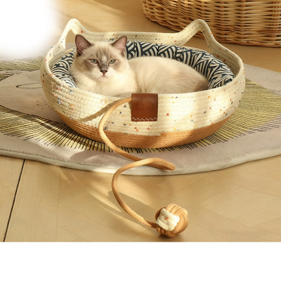Kitty Ears Rope Basket Bed with Dangling Play Ball