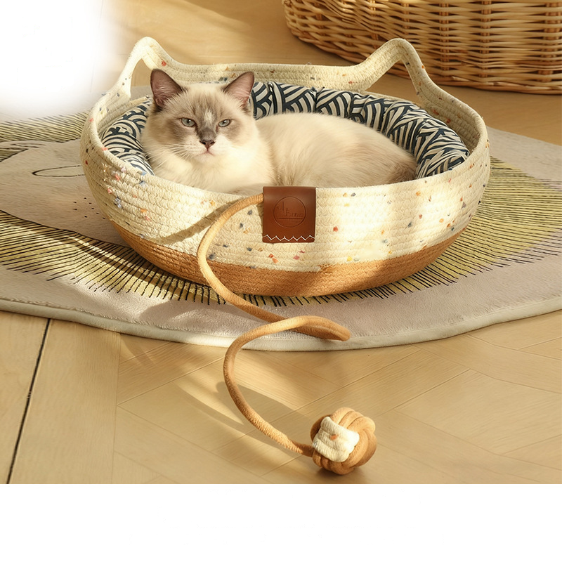 Kitty Ears Rope Basket Bed with Dangling Play Ball - view 1