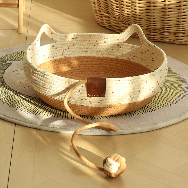 Kitty Ears Rope Basket Bed with Dangling Play Ball