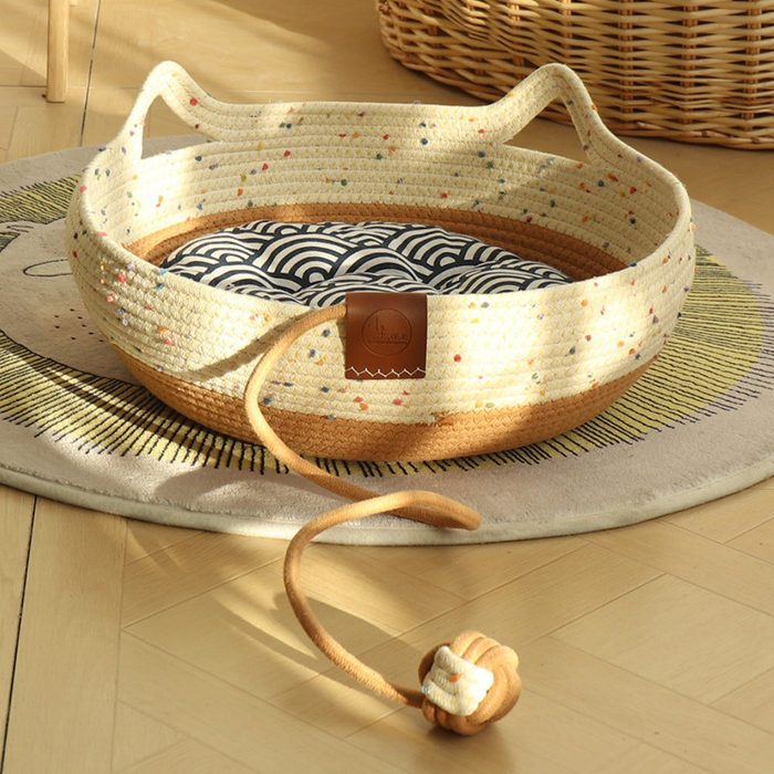Kitty Ears Rope Basket Bed with Dangling Play Ball