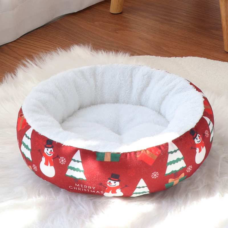 Snowman Christmas Round Pet Bed with Plush Lining - Christmas Red